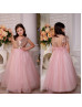 Dusty Rose Sequin Tulle Ankle Length V Back Flower Girl Dress